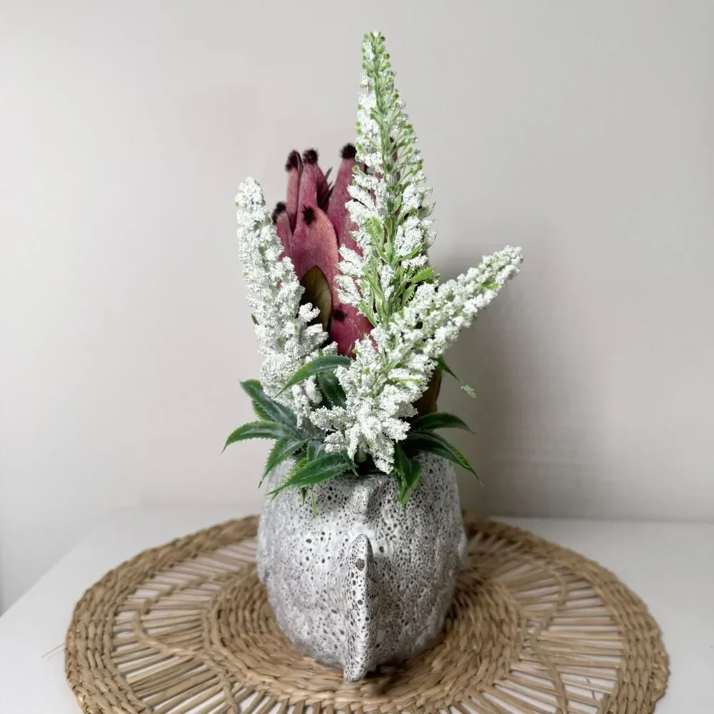 Handmade Artificial Pink Protea in Textured Fish Planter Arrangement